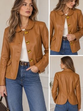 MARC JACOBS Cognac Leather Amber Gemstone Button Jacket | Size 6